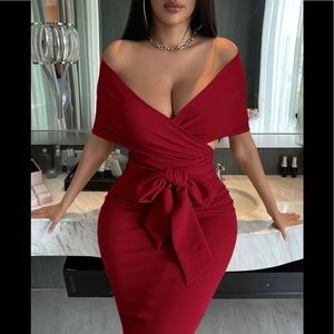 NEW Stunning wrap cross off shoulder belted body con dress.